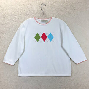 Fieldgear Pullover Sweater Angyle Knited Women Cream Size XL 3/4 Sleeve Cotton